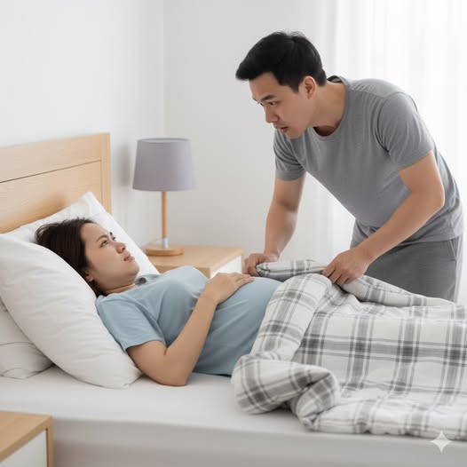 Vợ m ang th a i 6 tháng không chịu bước xuống giường, chồng ngh i ng ờ v én chăn lên và