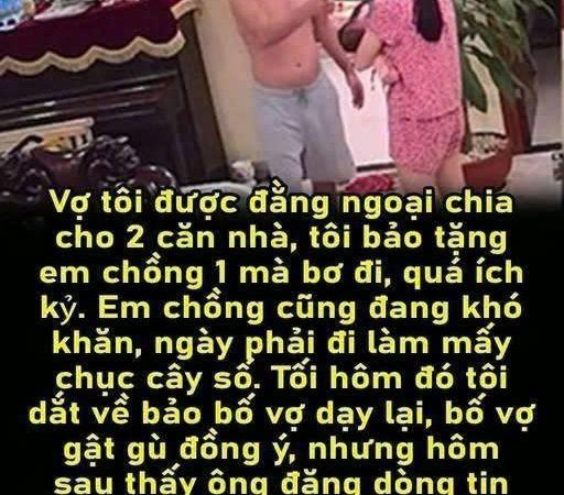 Được đằng ngoại chia cho 2 căn nhà. Ở không hết tôi bảo vợ tặng em chồng 1 cái mà cô ấy ích kỉ không cho.