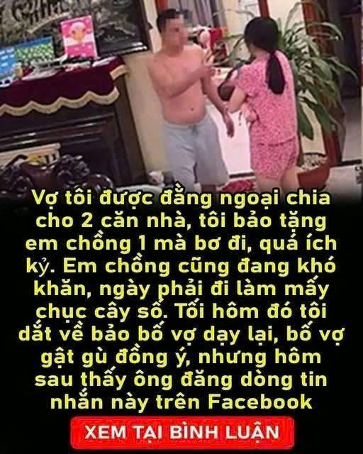 Được đằng ngoại chia cho 2 căn nhà. Ở không hết tôi bảo vợ tặng em chồng 1 cái mà cô ấy ích kỉ không cho.